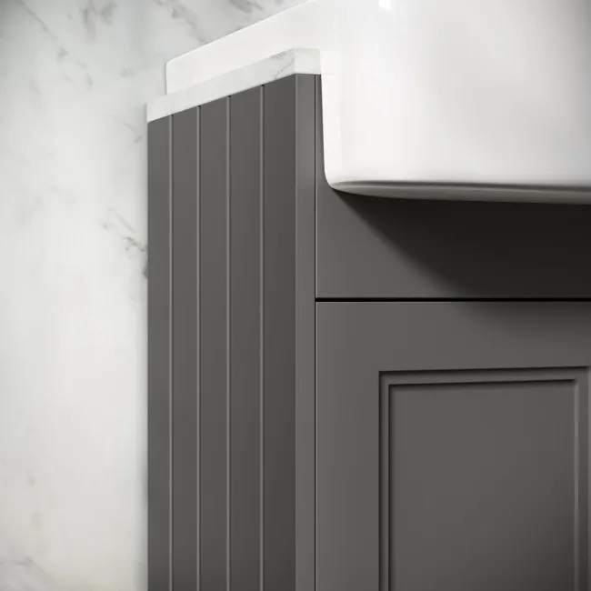 Monaco Graphite Grey Combination Vanity Basin with Marble Top and Hudson Toilet with Wooden Seat 1500mm - Brass Knurled Handles