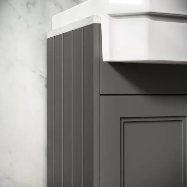Monaco Graphite Grey Combination Vanity Traditional Basin with Marble Top & Hudson Toilet with Wooden Seat 1200mm - Brass Knurled Handles