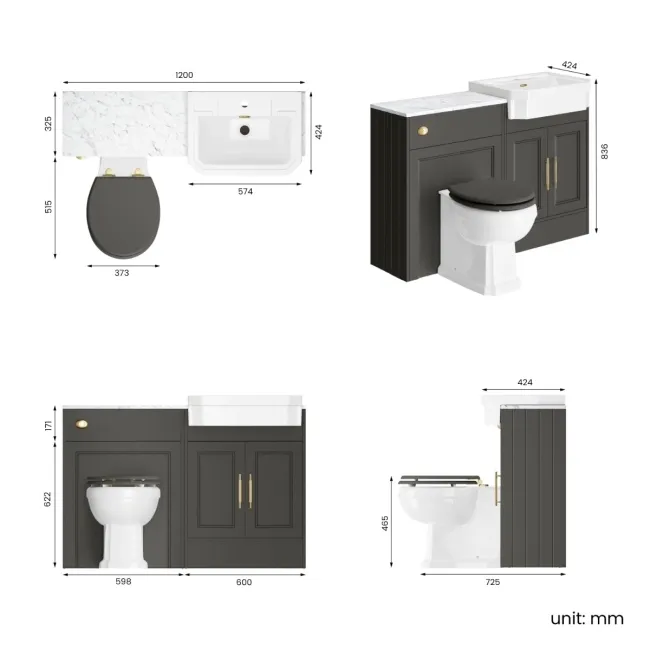 Monaco Graphite Grey Combination Vanity Traditional Basin with Marble Top & Hudson Toilet with Wooden Seat 1200mm - Brass Knurled Handles