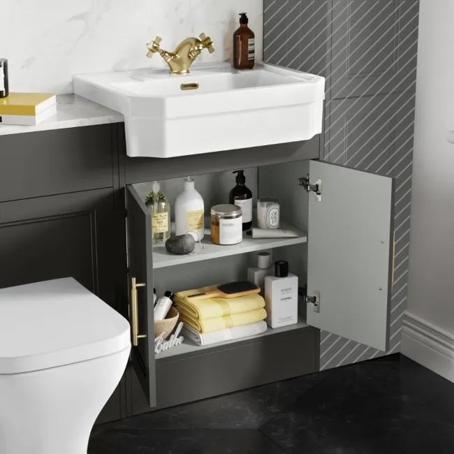 Monaco Graphite Grey Combination Vanity Traditional Basin with Marble Top & Atlanta Toilet 1200mm - Brass Knurled Handles