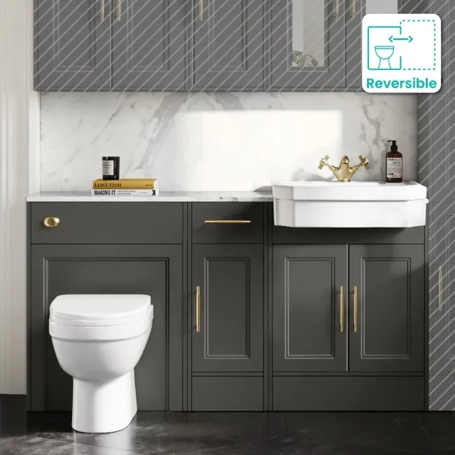 Monaco Graphite Grey Combination Vanity Traditional Basin with Marble Top and Seattle Toilet 1500mm - Brass Knurled Handles