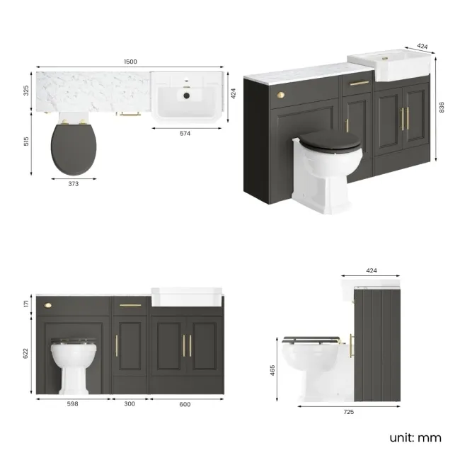 Monaco Graphite Grey Combination Vanity Traditional Basin with Marble Top & Hudson Toilet with Wooden Seat 1500mm - Brass Knurled Handles