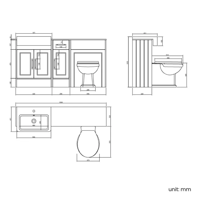 Monaco Inky Blue Combination Vanity Basin with Marble Top and Hudson Toilet with Wooden Seat 1500mm - Brass Knurled Handles