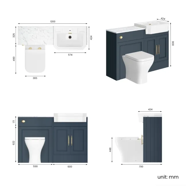 Monaco Inky Blue Combination Vanity Traditional Basin with Marble Top & Atlanta Toilet 1200mm - Brass Knurled Handles