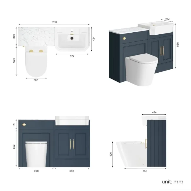 Monaco Inky Blue Combination Vanity Traditional Basin with Marble Top & Boston Toilet 1200mm - Brass Knurled Handles