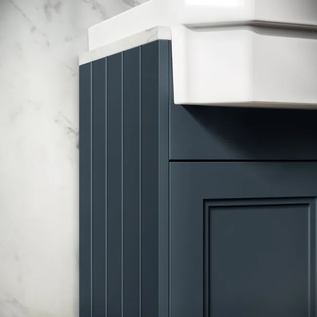 Monaco Inky Blue Combination Vanity Traditional Basin with Marble Top and Boston Toilet 1500mm - Brass Knurled Handles
