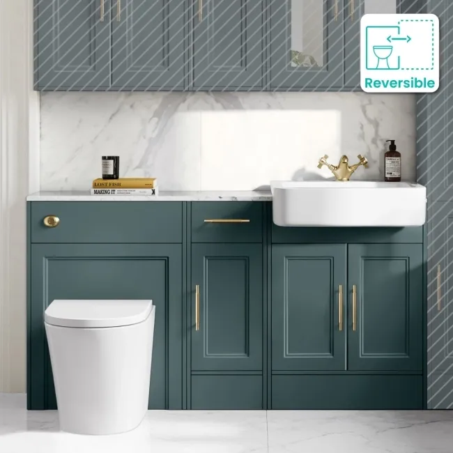 Monaco Midnight Green Combination Vanity Basin with Marble Top and Boston Toilet 1500mm - Brass Knurled Handles