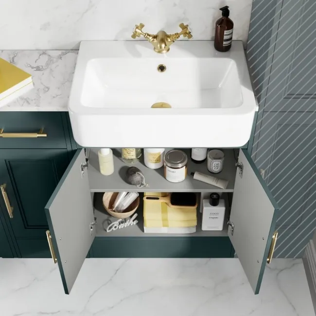Monaco Midnight Green Combination Vanity Basin with Marble Top and Boston Toilet 1500mm - Brass Knurled Handles
