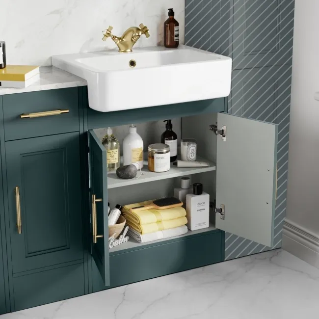 Monaco Midnight Green Combination Vanity Basin with Marble Top and Hudson Toilet with Wooden Seat 1500mm - Brass Knurled Handles