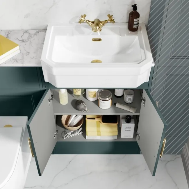Monaco Midnight Green Combination Vanity Traditional Basin with Marble Top & Boston Toilet 1200mm - Brass Knurled Handles