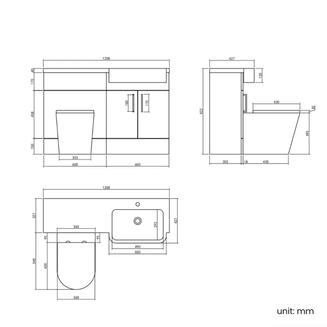 Harper Gloss White Combination Vanity Basin and Boston Toilet 1200mm - Brushed Brass Accents - Right Handed