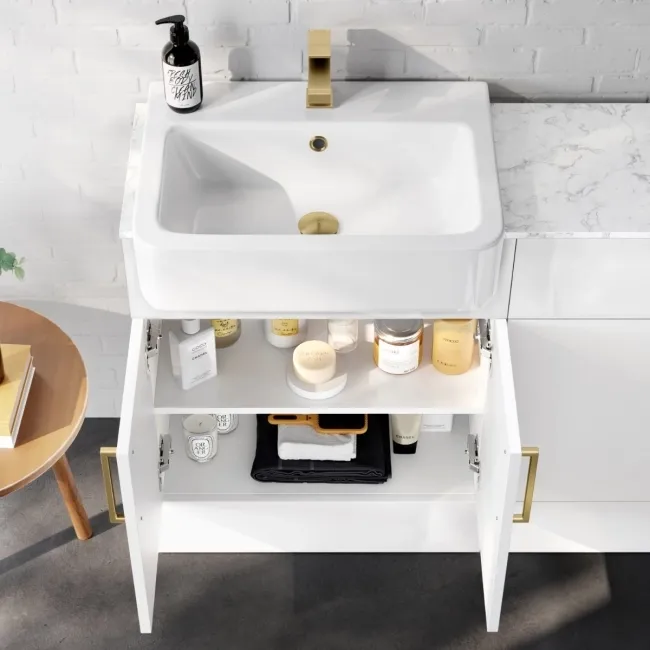 Harper Gloss White Combination Vanity Basin with Marble Top & Houston Toilet 1200mm - Brushed Brass Accents