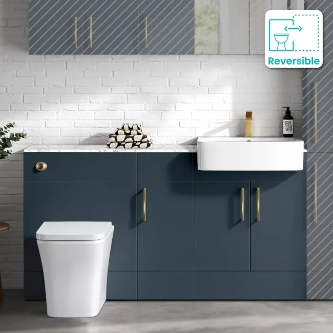 Harper Navy Blue Combination Vanity Basin with Marble Top & Houston Toilet 1500mm - Brushed Brass Accents