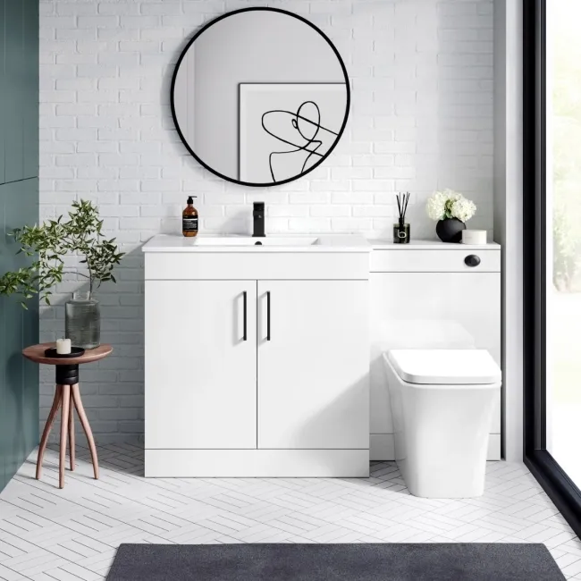 Mersey Gloss White Combination Vanity Basin and Houston Toilet 1300mm - Black Accents
