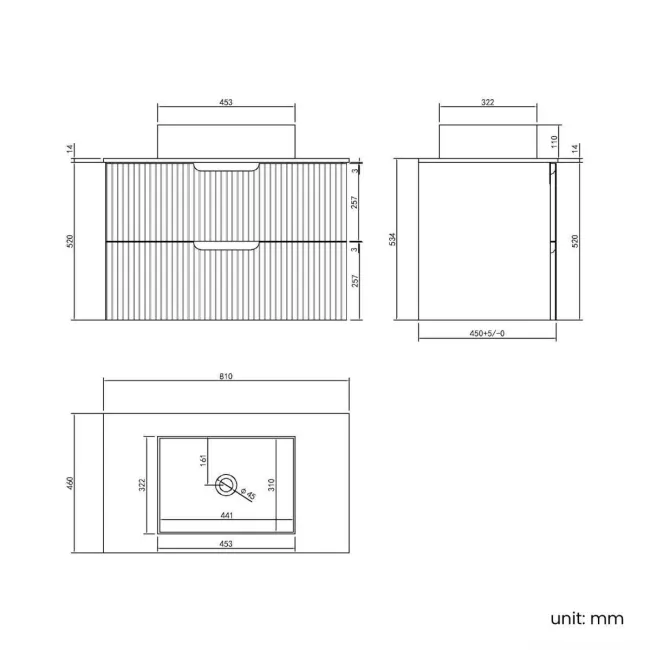 Crete Fluted Linen White Wall Hung Drawer Vanity with Marble Top & Cody Basin 800mm