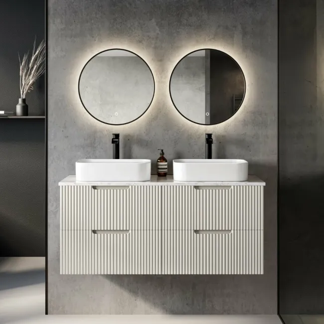 Crete Fluted Linen White Double Wall Hung Drawer Vanity with Marble Top & Marin Basin 1200mm