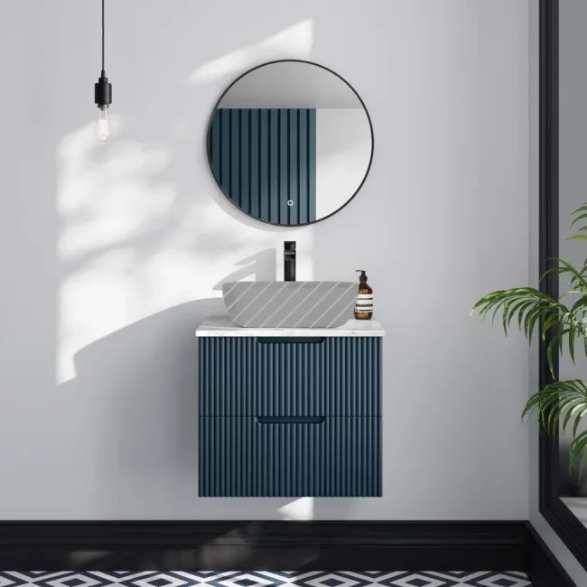 Crete Fluted Navy Blue Wall Hung Drawer Vanity with Marble Top 600mm - Excludes Counter Top Basin