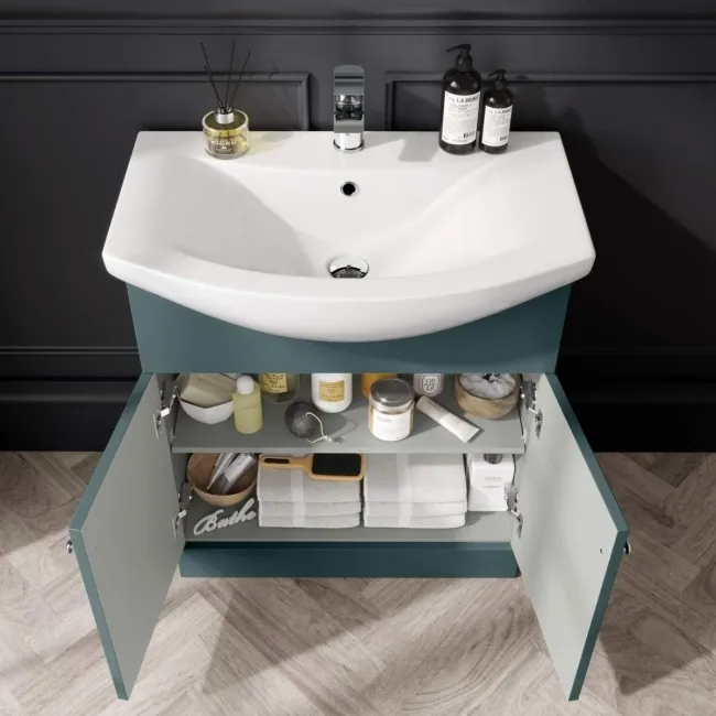 Capri Mystic Green Basin Vanity and Back To Wall Unit 1350mm (Excludes Toilet) - Chrome Handles