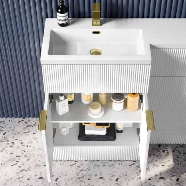Havana Fluted Coastal White Combination Vanity Basin and Tucson Toilet 1100mm - Brushed Brass Accents - Left Handed