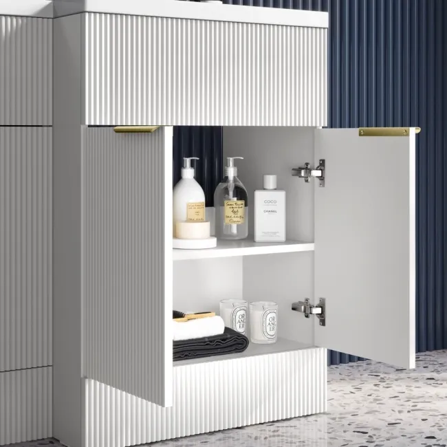 Havana Fluted Coastal White Combination Vanity Basin and Houston Toilet 1100mm - Brushed Brass Accents - Right Handed