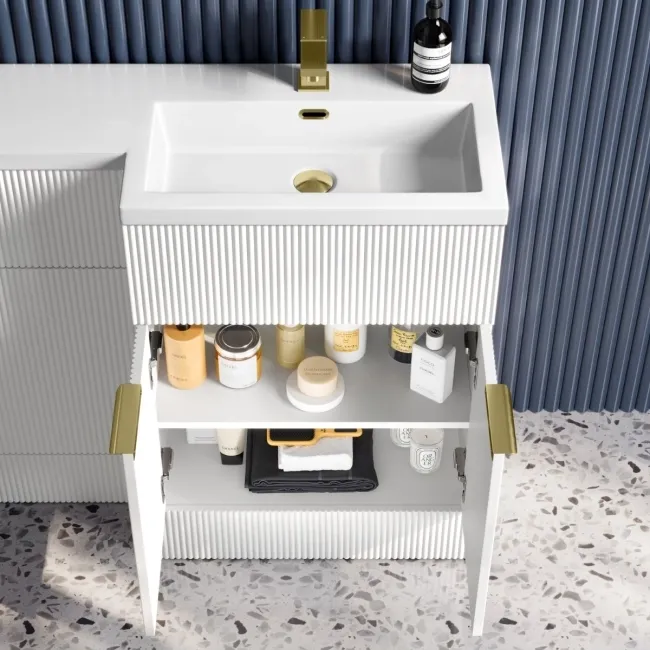 Havana Fluted Coastal White Combination Vanity Basin and Utah Comfort Height Toilet 1100mm - Brushed Brass Accents - Right Handed