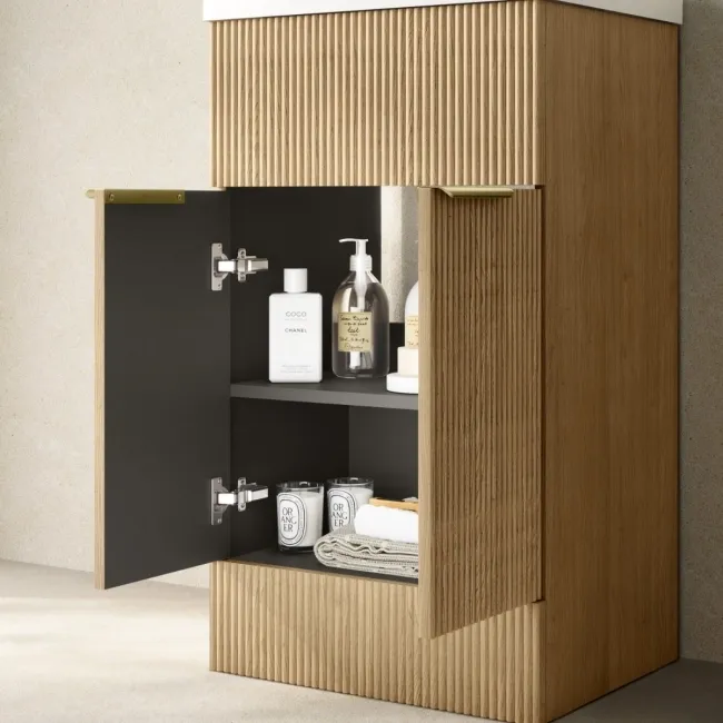 Havana Fluted Country Oak Combination Vanity Basin and Aruba Toilet 1000mm - Brushed Brass Accents