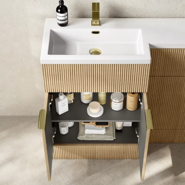 Havana Fluted Country Oak Combination Vanity Basin and Utah Comfort Height Toilet 1100mm - Brushed Brass Accents - Left Handed