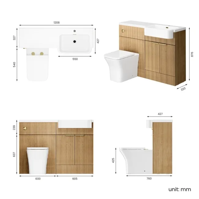 Sicily Fluted Country Oak Combination Vanity Basin and Houston Toilet 1200mm - Brushed Brass Accents - Right Handed