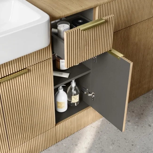 Sicily Fluted Country Oak Combination Vanity Basin and Miami Toilet 1500mm - Brushed Brass Accents