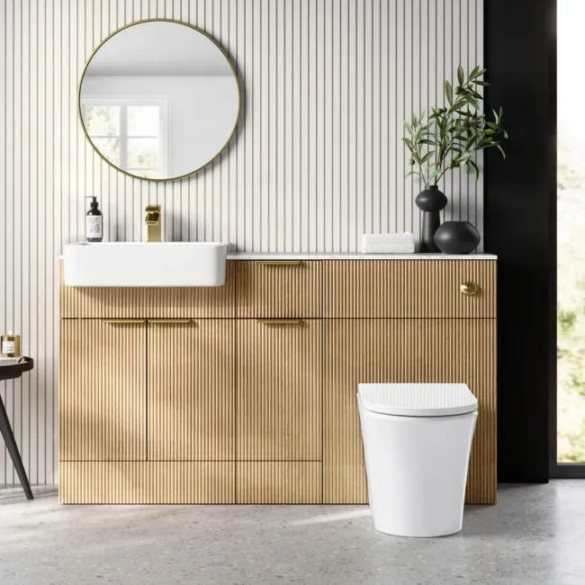 Sicily Fluted Country Oak Combination Vanity Basin with Marble Top & Tucson Toilet 1500mm - Brushed Brass Accents