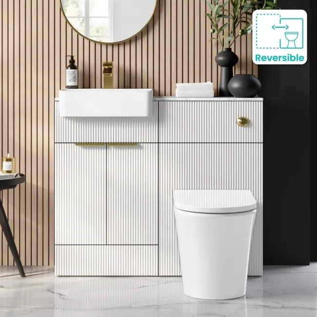 Sicily Fluted Coastal White Combination Vanity Basin with Marble Top & Tucson Toilet 1000mm - Brushed Brass Accents