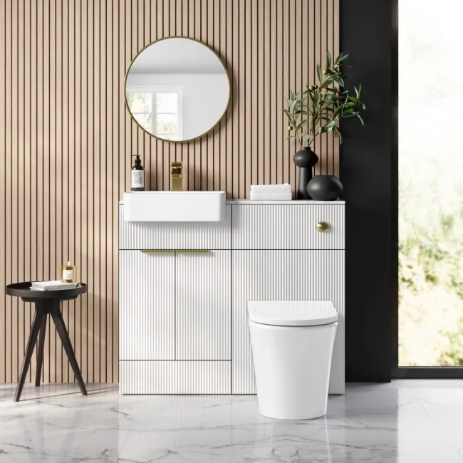 Sicily Fluted Coastal White Combination Vanity Basin with Marble Top & Tucson Toilet 1000mm - Brushed Brass Accents