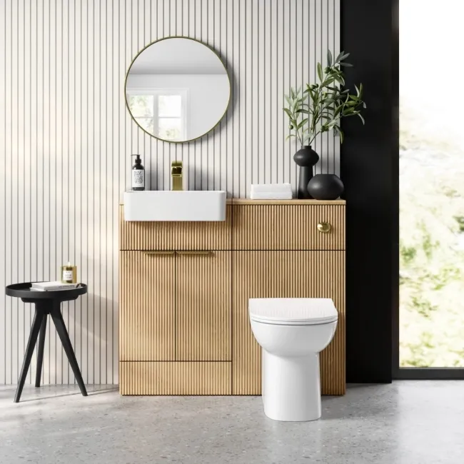 Sicily Fluted Country Oak Combination Vanity Basin and Aruba Toilet 1000mm - Brushed Brass Accents