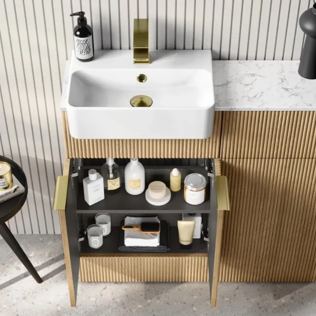 Sicily Fluted Country Oak Combination Vanity Basin with Marble Top & Tucson Toilet 1000mm - Brushed Brass Accents