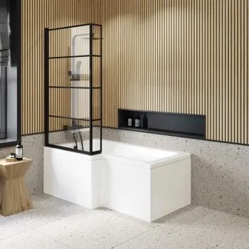 L Shaped 1500 Shower Bath & 6mm Easy Clean Matt Black Grid Bath Screen - Left Handed