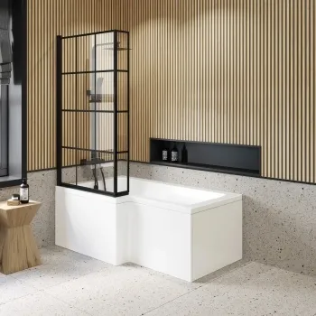 L Shaped 1600 Shower Bath with Front Panel & 6mm Easy Clean Matt Black Grid Bath Screen - Left Handed