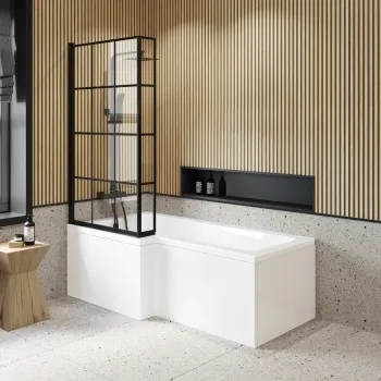 L Shaped 1700 Shower Bath & 6mm Easy Clean Matt Black Grid Bath Screen - Left Handed