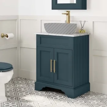 Lucia Inky Blue Cabinet with Marble Top 640mm (Excludes Counter Top Basin) - Brass Knurled Handles