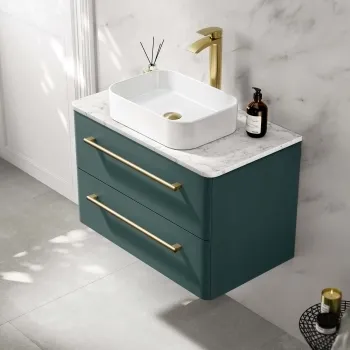 Omaha Mystic Green Wall Hung Drawer Vanity with Marble Top & Marin Basin 800mm - Brushed Brass Accents