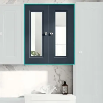 Inky Blue Wall Hung Mirror Cabinet 700x600mm