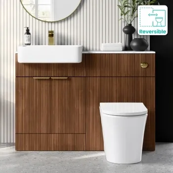 Sicily Fluted Black Walnut Combination Vanity Basin with Marble Top & Tucson Toilet 1200mm - Brushed Brass Accents