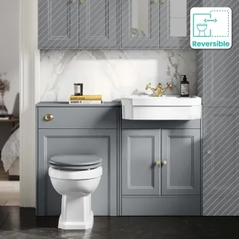 Monaco Dove Grey Combination Vanity Traditional Basin and Hudson Toilet with Wooden Seat 1200mm - Brushed Brass Accents