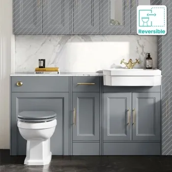 Monaco Dove Grey Combination Vanity Traditional Basin with Marble Top & Hudson Toilet with Wooden Seat 1500mm - Brass Knurled Handles
