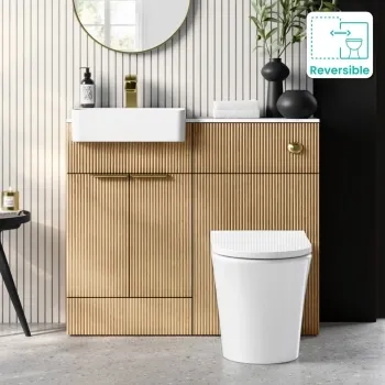 Sicily Fluted Country Oak Combination Vanity Basin with Marble Top & Tucson Toilet 1000mm - Brushed Brass Accents