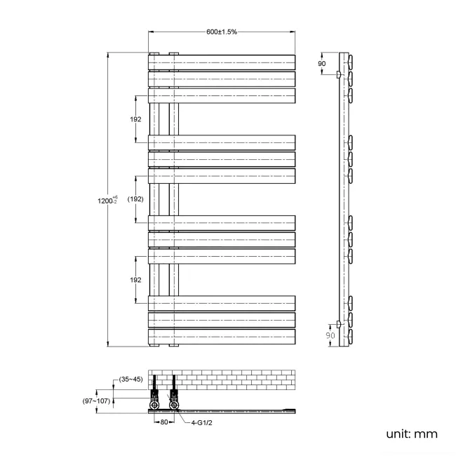 Seville Brushed Copper Designer Flat Panel Heated Towel Rail 1200x600mm