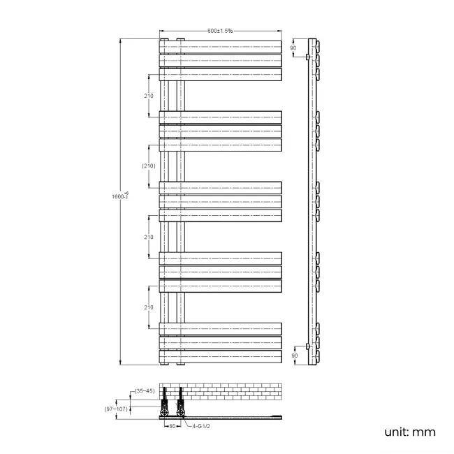 Seville Brushed Copper Designer Flat Panel Heated Towel Rail 1600x600mm