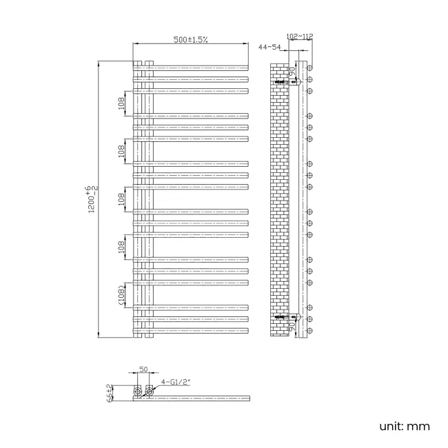 Cannes Matt Black Designer Heated Towel Rail 1200x500mm