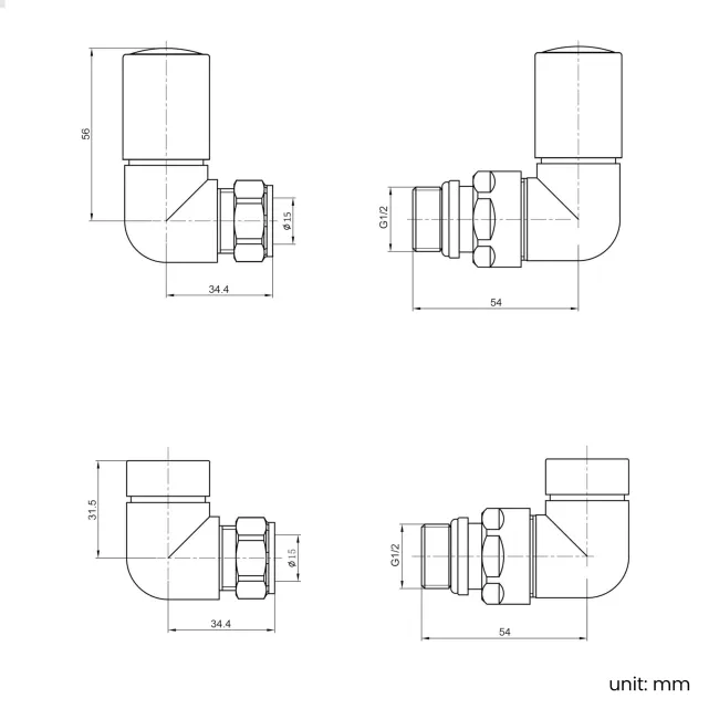 Brushed Copper Angled Radiator Valves and lockshield pack (Pair) Standard 15mm