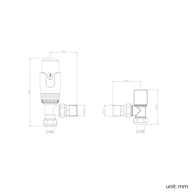 Brushed Copper Thermostatic Angled Radiator Valve (Pair) Standard 15mm