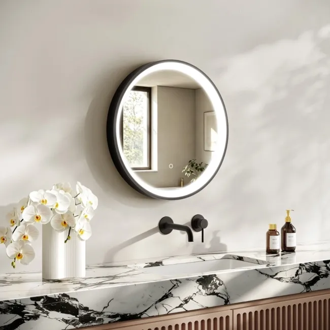 Libby Matt Black Round Illuminated LED Mirror 580mm